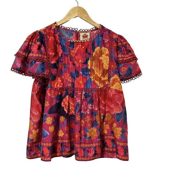Farm Rio Tops - Farm Rio Floral Dream Lightweight Semi Sheer Top Size M Red Tropical Summer NEW